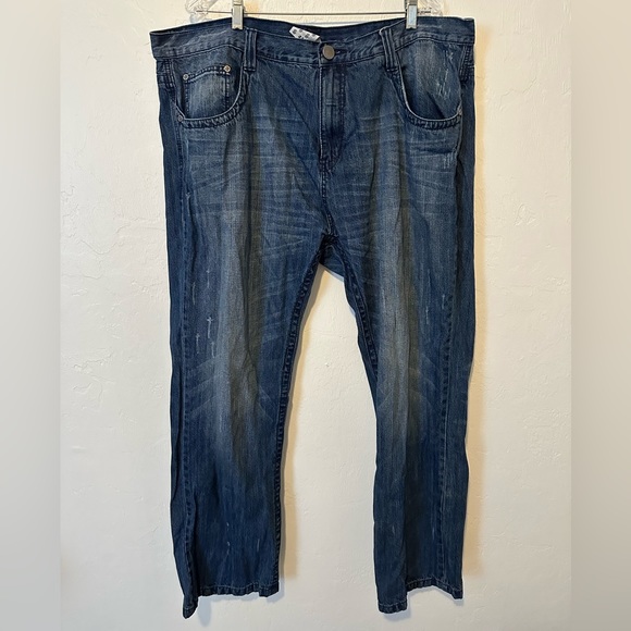 MISKEEN ORIGINALS Denim Jeans Blue Sz 44x33 EMBROIDERD LOGO Distressed Y2K Vtg - Picture 2 of 8